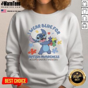 Alt Text: Cute Stitch sweatshirt in blue for Autism Awareness with 'Accept, Understand, Love' slogan promoting inclusivity.
