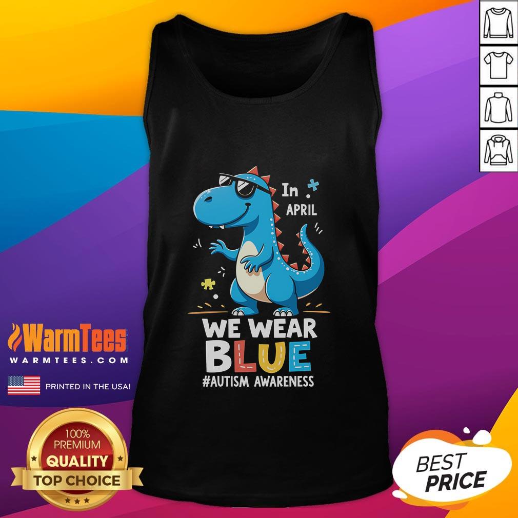 Cute T-Rex dinosaur wearing sunglasses on an autism awareness tank top, promoting fun and inclusivity.