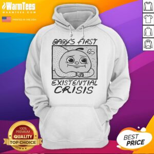 Funny Baby's First Existential Crisis Hoodie on an adorable baby, featuring a playful design for a lighthearted look.