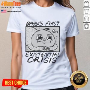 Funny Baby's First Existential Crisis Ladies Tee featuring a cute baby with a thoughtful expression and whimsical design.