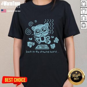Cute cat illustration on a ladies tee with the phrase Back to the Drawing Board for a funny, quirky fashion statement.