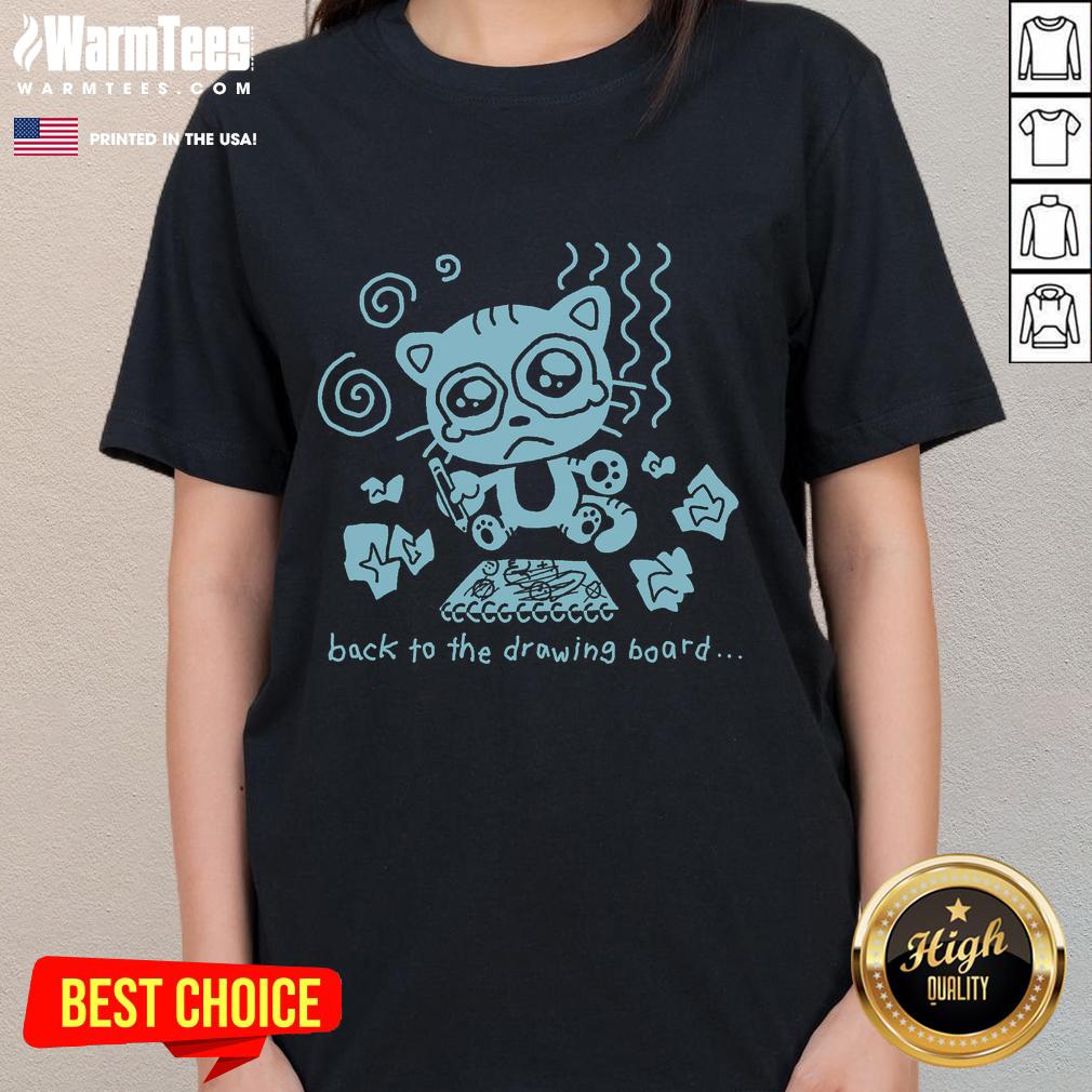 Cute cat illustration on a ladies tee with the phrase Back to the Drawing Board for a funny, quirky fashion statement.