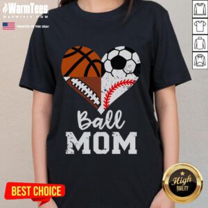 Funny ball mom tee featuring soccer, football, baseball, and basketball designs, perfect for sports-loving ladies.