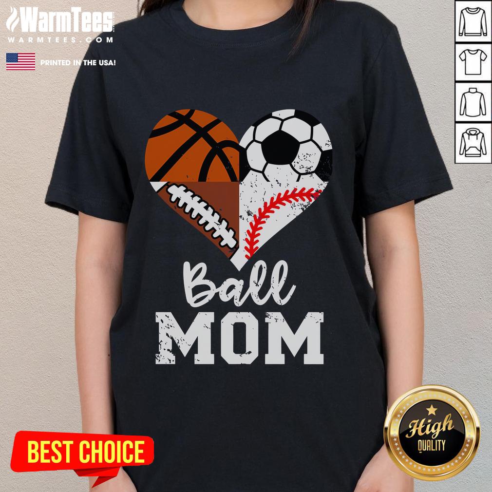 Funny ball mom tee featuring soccer, football, baseball, and basketball designs, perfect for sports-loving ladies.
