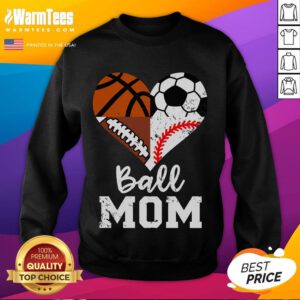 Funny Ball Mom sweatshirt featuring soccer, football, baseball, and basketball heart design for sports-loving moms.