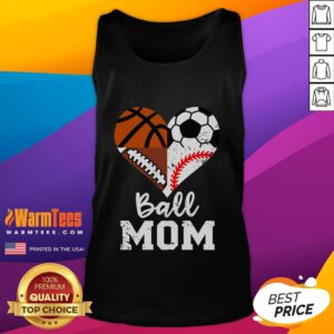 Funny ball mom tank top featuring soccer, football, baseball, and basketball heart design for sports-loving moms.