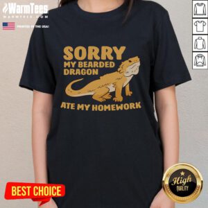 Funny bearded dragon in school attire with a sign 'My Bearded Dragon Ate My Homework' on a ladies tee shirt.