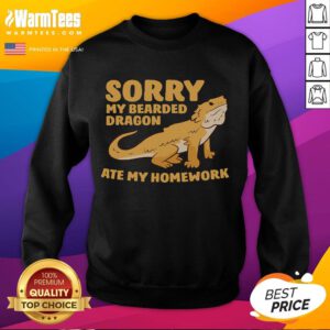 Funny bearded dragon sweatshirt with the phrase My Bearded Dragon Ate My Homework, featuring a cartoon dragon design.