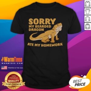 Funny Bearded Dragon T-Shirt featuring a bearded dragon with the phrase 'My Bearded Dragon Ate My Homework'.