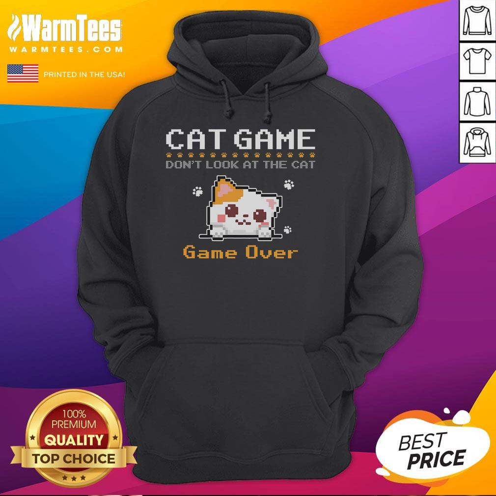 Funny cat game 'Don't Look at the Cat' pixel art hoodie featuring a playful cat design, perfect for gamers.