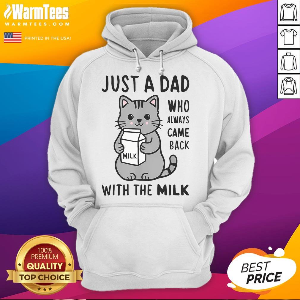Funny cat hoodie design featuring a humorous dad cat saying 'Just a Dad Who Always Came Back with the Milk.'