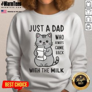 Funny cat sweatshirt featuring 'Just a Dad Who Always Came Back with the Milk' design, perfect for cat lovers and dads.