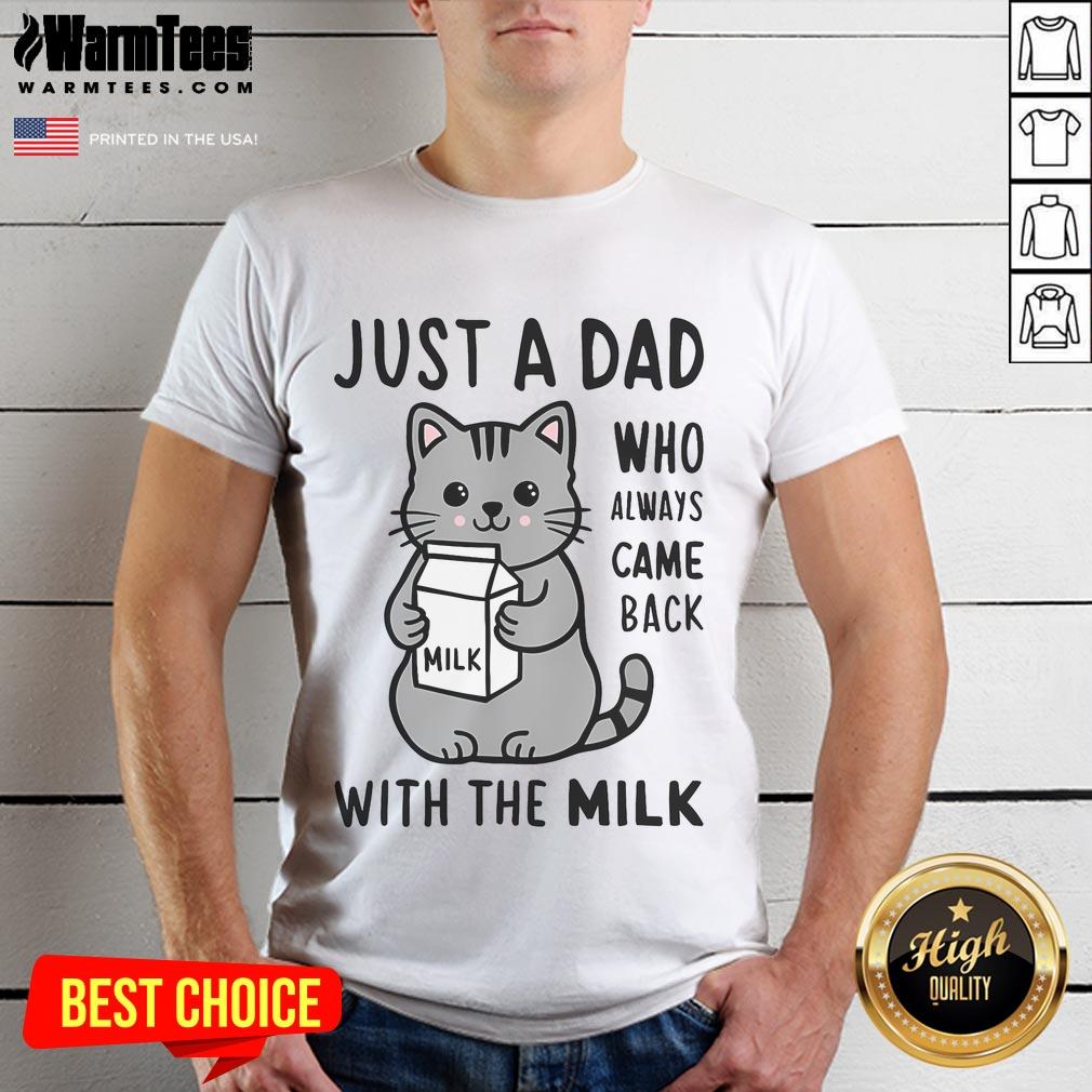 Alt Text: Funny cat t-shirt design featuring the phrase 'Just a Dad Who Always Came Back With The Milk' for cat lovers.