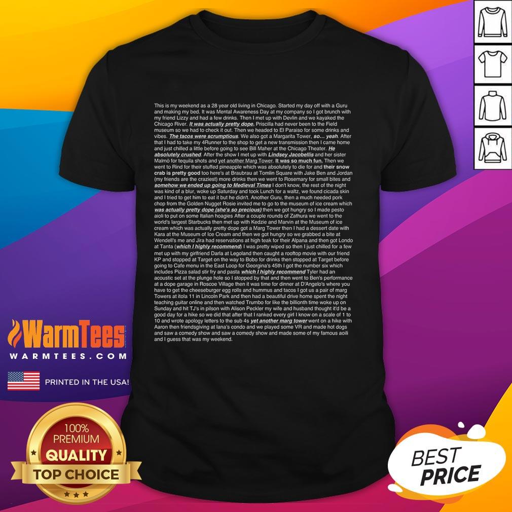 Funny Chicago Weekend Essay T-Shirt featuring humorous graphics and text, perfect for casual outings and Chicago enthusiasts.