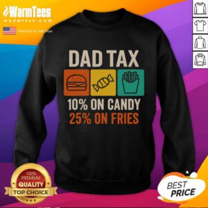 Alt Text: Funny Dad Tax sweatshirt showing playful tax rates on candy and fries, perfect for Father's Day gifts.