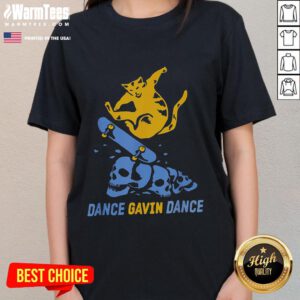Funny dance graphic of a cat skateboarding with a skull on a ladies tee featuring Gavin Dance design.