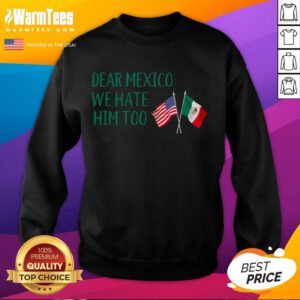 Funny Dear Mexico We Hate Him Too sweatshirt featuring the American flag and a playful design for humor enthusiasts.