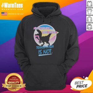 Funny dinosaurs graphic on a hoodie with the slogan 'Dinosaurs Are Cool, Transphobia Is Not' promoting inclusivity.