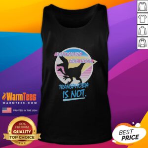 Funny dinosaurs graphic on a tank top with the message 'Dinosaurs Are Cool, Transphobia Is Not' promoting inclusivity.