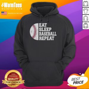 Funny Eat Sleep Baseball Repeat hoodie on a baseball player, perfect for baseball fans and casual wear.