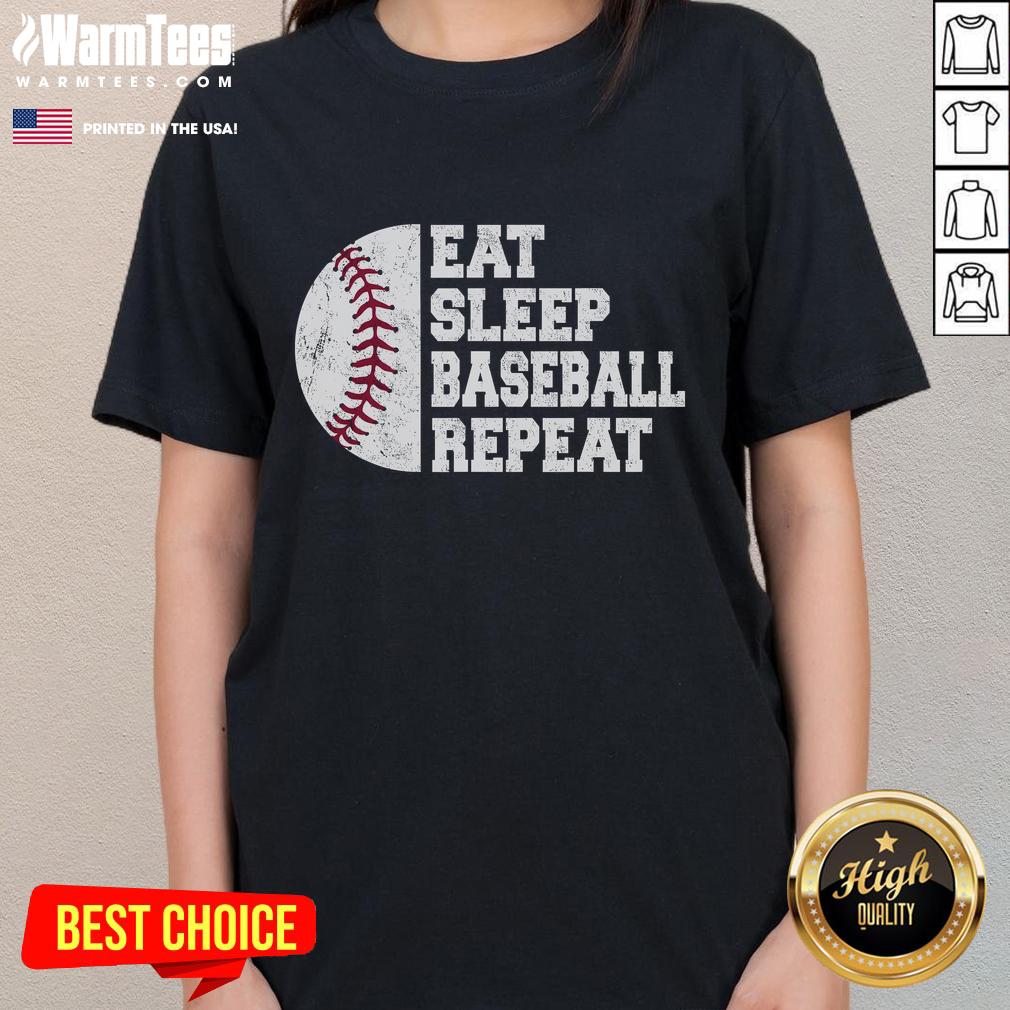 Alt Text: Funny Eat Sleep Baseball Repeat graphic on a ladies tee, featuring a playful baseball player design perfect for fans.