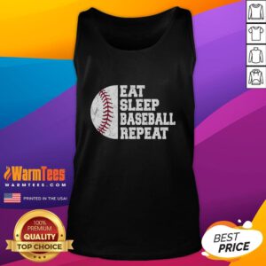 Alt Text: Funny Eat Sleep Baseball Repeat tank top design featuring a cheerful baseball player in action, perfect for fans.