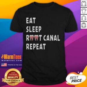 Funny Eat Sleep Root Canal Repeat T-Shirt for dentists and endodontists, showcasing dental humor and profession pride.