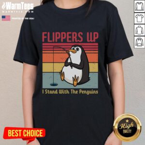 Vintage ladies tee featuring 'I Stand With The Penguins' and funny flippers graphic, perfect for penguin lovers.