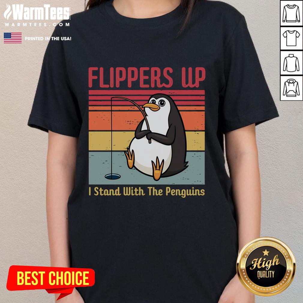 Vintage ladies tee featuring 'I Stand With The Penguins' and funny flippers graphic, perfect for penguin lovers.
