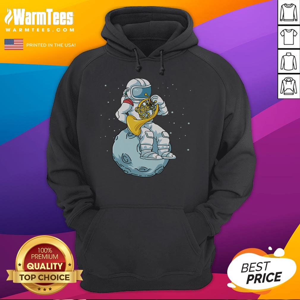 Funny French Horn astronaut in a brass music hoodie, showcasing a whimsical design for music lovers and musicians.