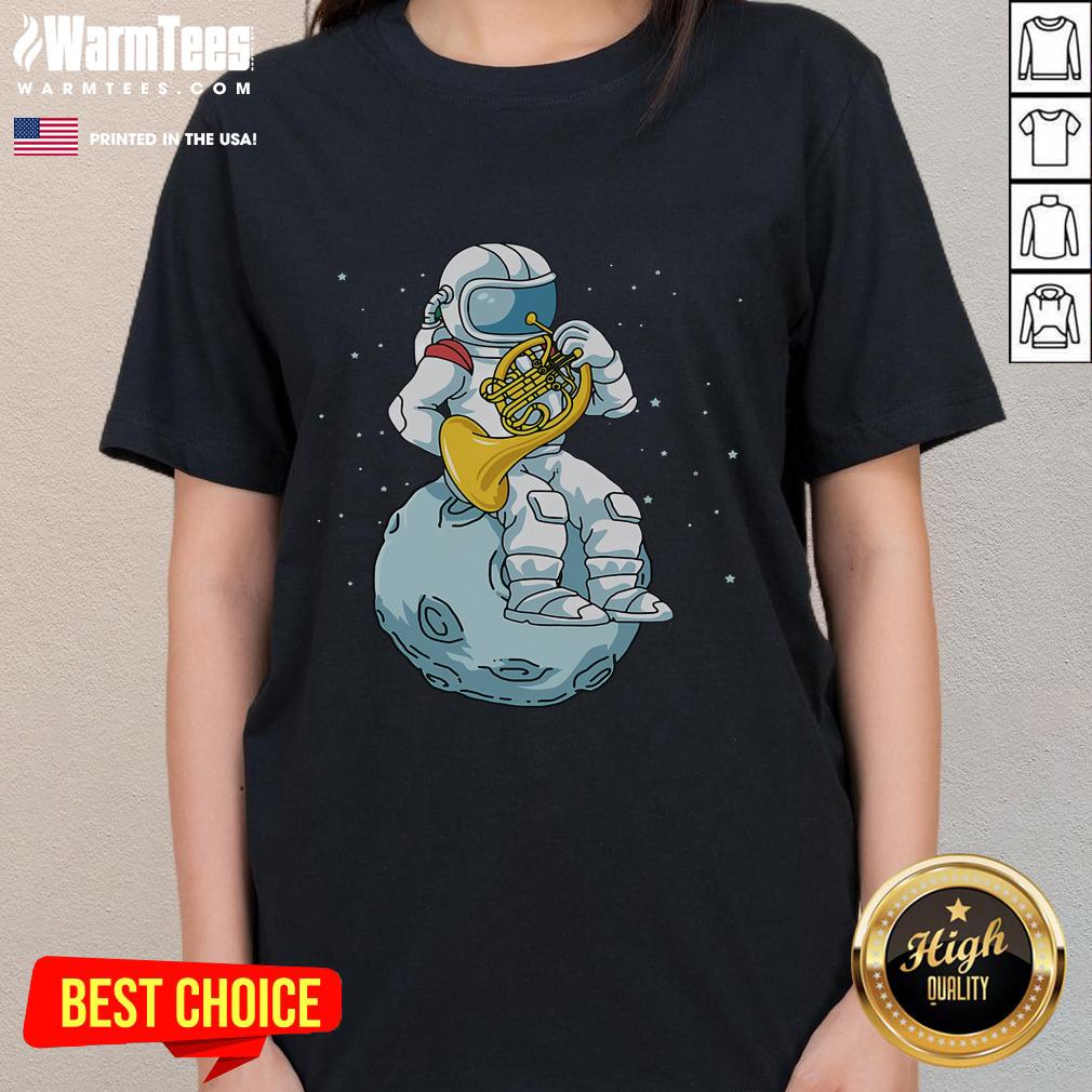 Funny French horn astronaut graphic on a ladies tee, celebrating brass music with a playful design.