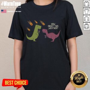 Alt Text: Funny How About This Weather Dinosaur Wine Meteorite Rain Ladies Tee featuring a whimsical dinosaur design.