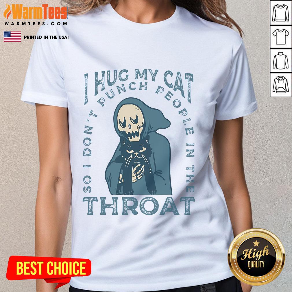 Funny I Hug My Cat Tee featuring cute skeleton ladies, perfect for cat lovers who enjoy humor and quirky fashion.