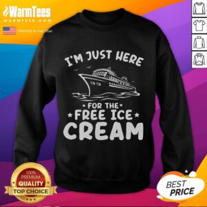 Family wearing matching 'I'm Just Here for the Free Ice Cream' sweatshirts on a fun cruise trip, enjoying time together.