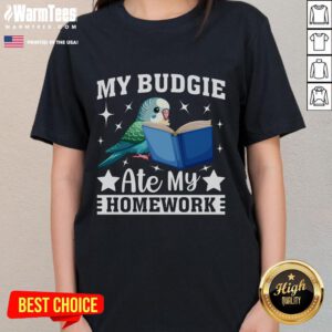 Funny budgerigar parakeet eating homework on a ladies tee shirt design, perfect for bird lovers and humor enthusiasts.