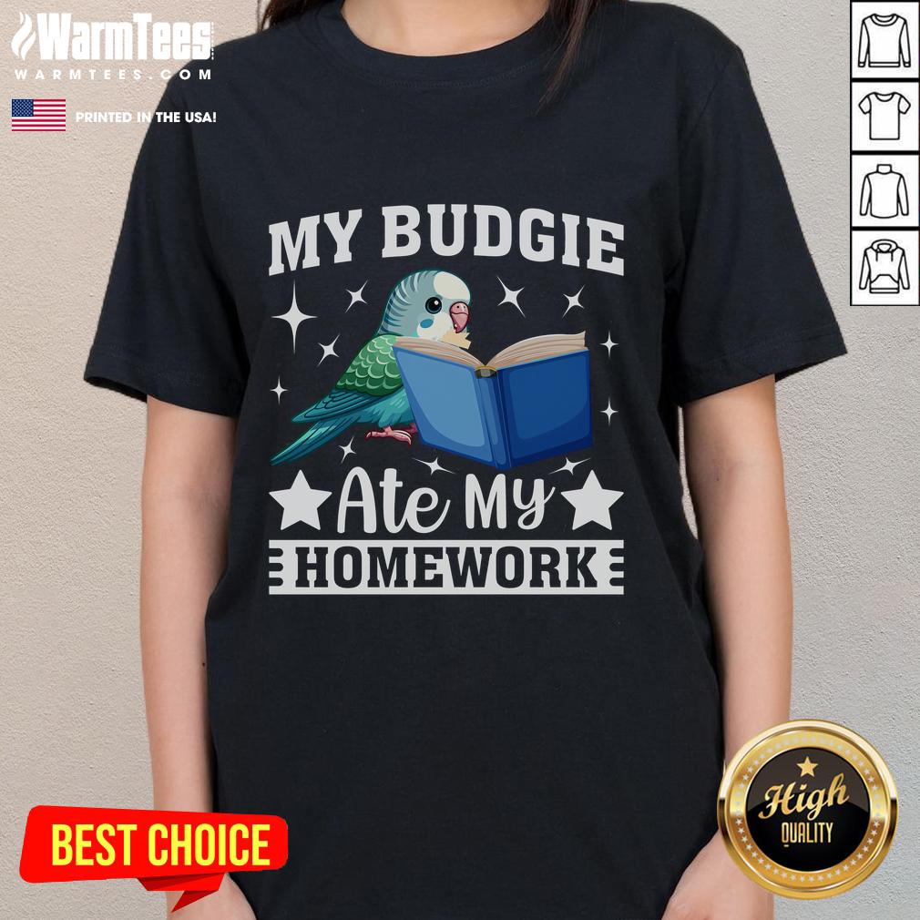 Funny budgerigar parakeet eating homework on a ladies tee shirt design, perfect for bird lovers and humor enthusiasts.