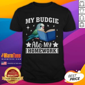 Funny My Budgie Ate My Homework T-Shirt featuring a colorful budgerigar parakeet design, perfect for bird lovers.
