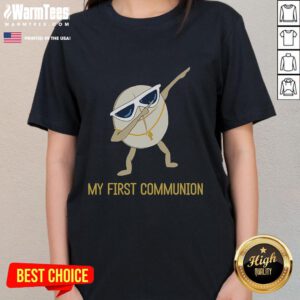 Funny My First Communion Dabbing Wafer Ladies Tee featuring a playful design for 1st Communion celebrations.