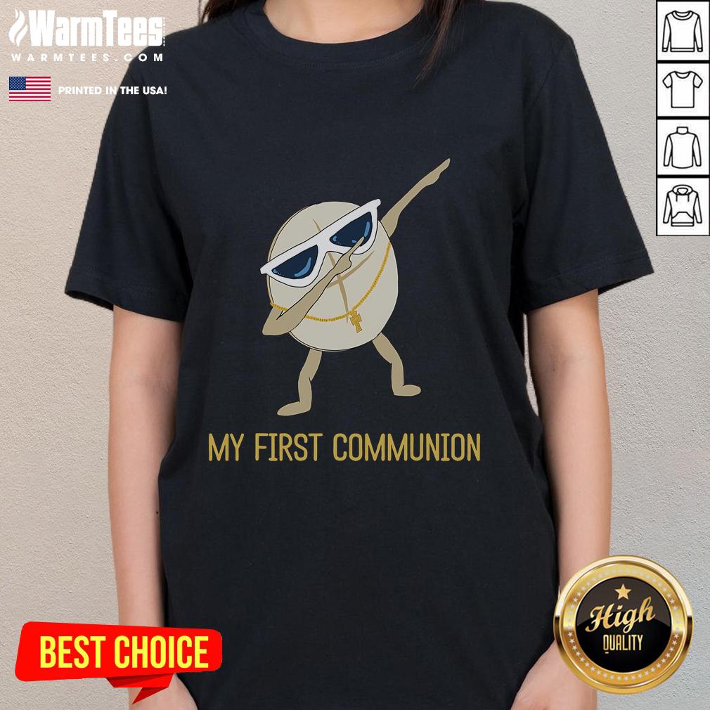 Funny My First Communion Dabbing Wafer Ladies Tee featuring a playful design for 1st Communion celebrations.