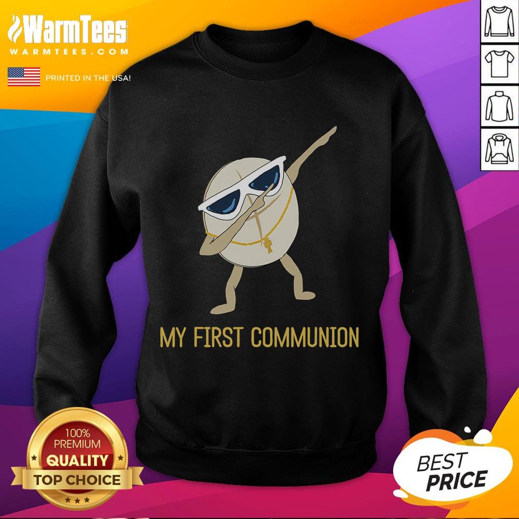 Funny My First Communion Dabbing Wafer sweatshirt featuring a playful design for kids celebrating their 1st Communion.