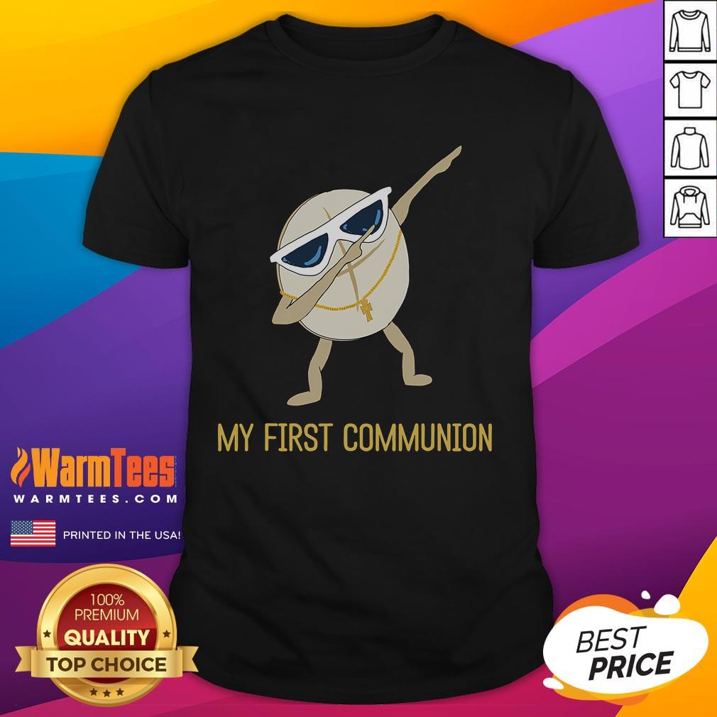 Funny My First Communion Dabbing Wafer 1st Communion T-Shirt design featuring a cute wafer character dab dance.