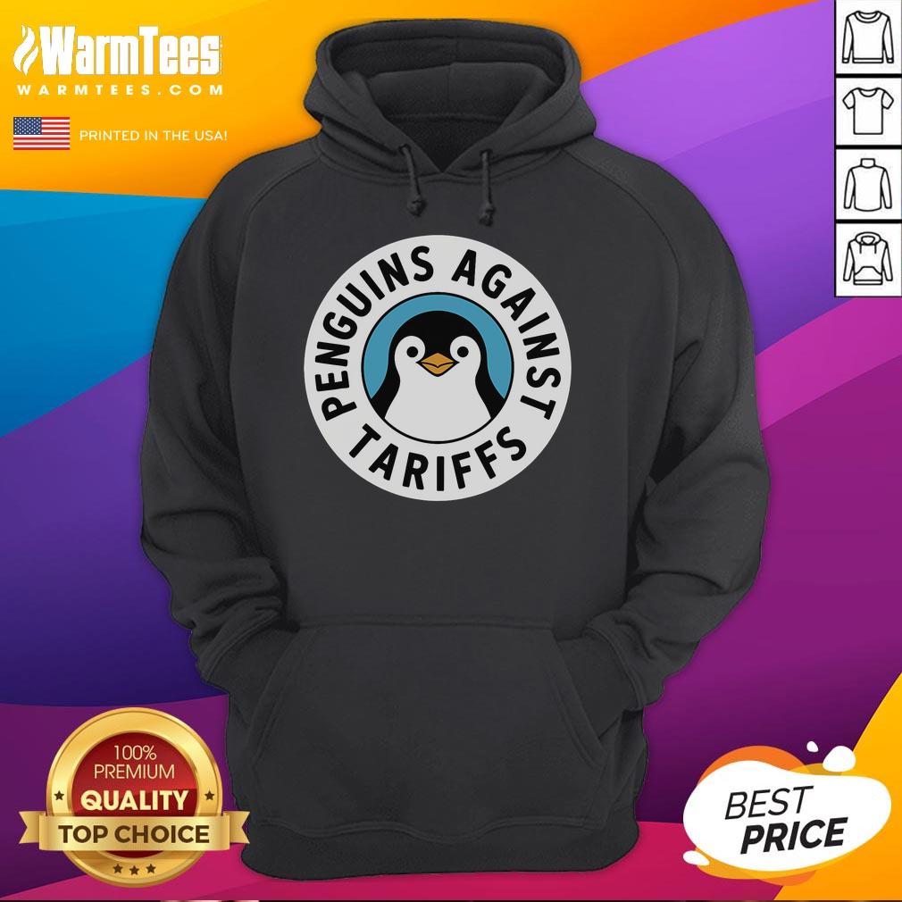 Funny penguin wearing a hoodie at a protest against tariffs, showcasing a humorous take on penguins resisting economic issues.
