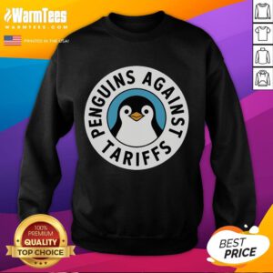 Funny penguins protesting against tariffs in colorful sweatshirts, showcasing humor and creativity in activism.