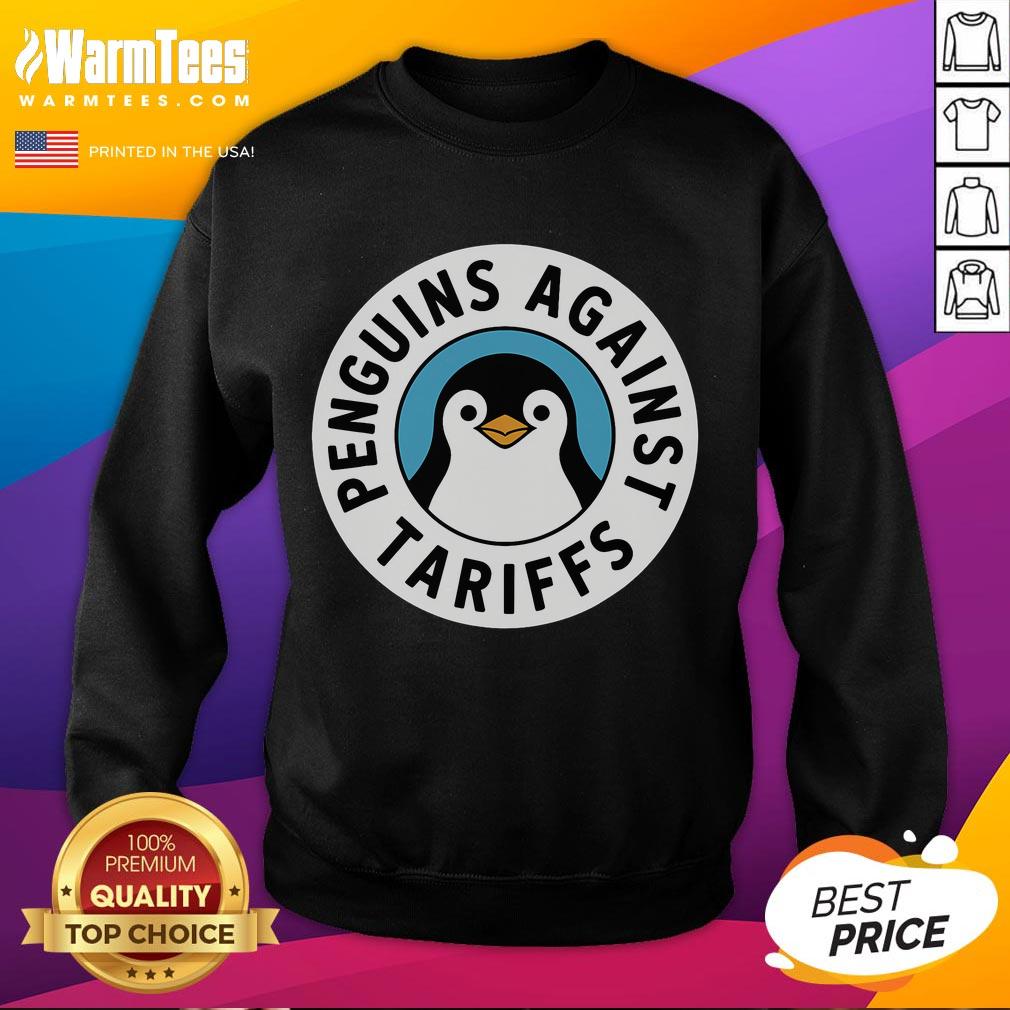 Funny penguins protesting against tariffs in colorful sweatshirts, showcasing humor and creativity in activism.