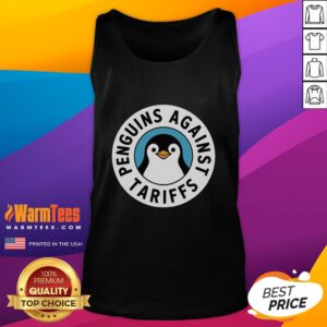 Funny penguin wearing a tank top protesting against tariffs at a rally, showcasing the humor of 'Resist Penguins.'