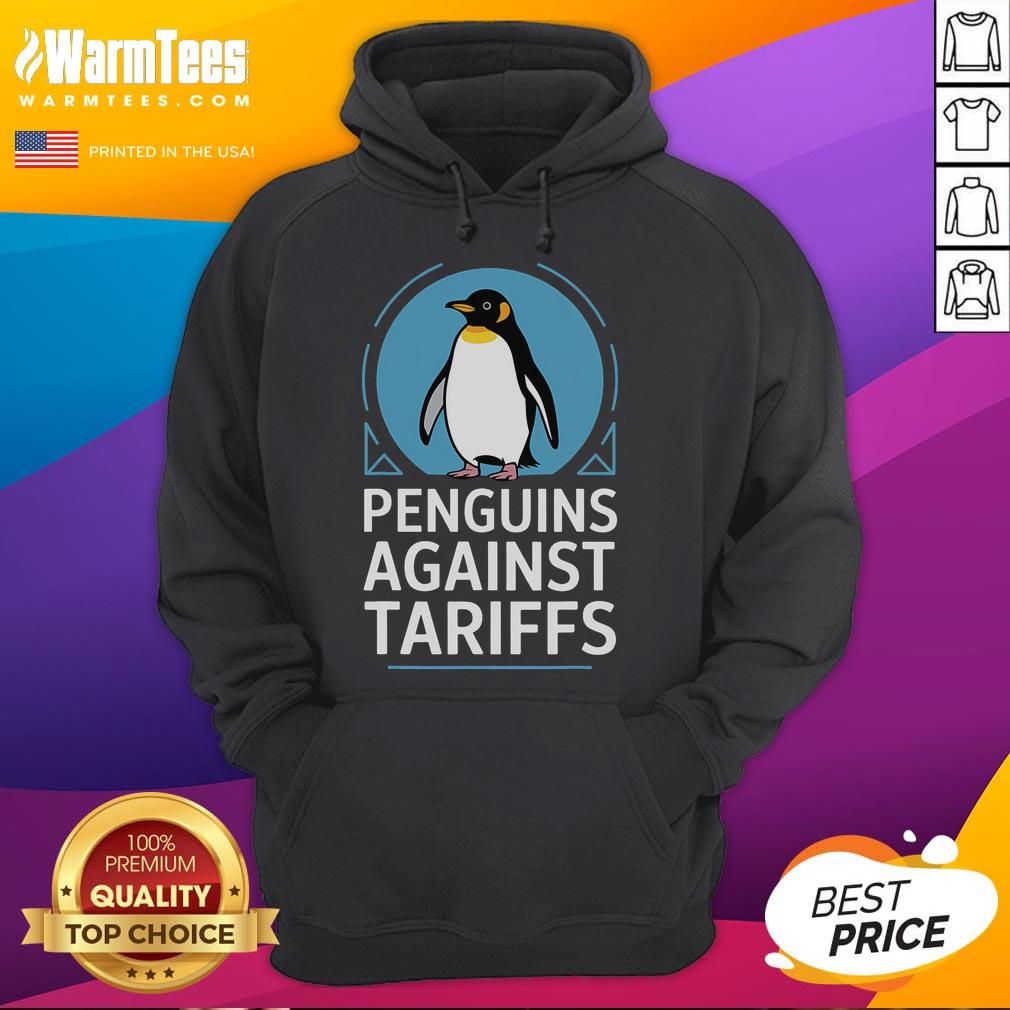 Funny penguins protesting against tariffs in a whimsical scene, perfect for the 'Funny Penguins Protest Anti-Tariff' hoodie.