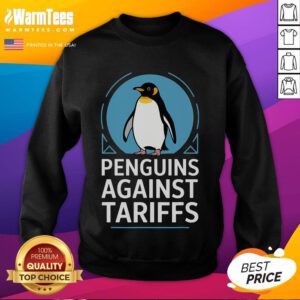 Funny penguins protesting against tariffs on a colorful sweatshirt design, perfect for making a bold statement.