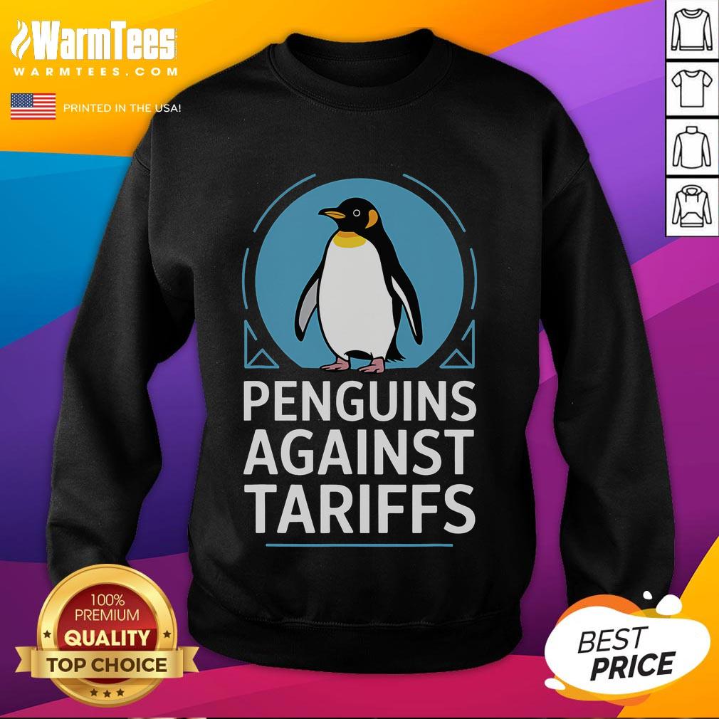 Funny penguins protesting against tariffs on a colorful sweatshirt design, perfect for making a bold statement.