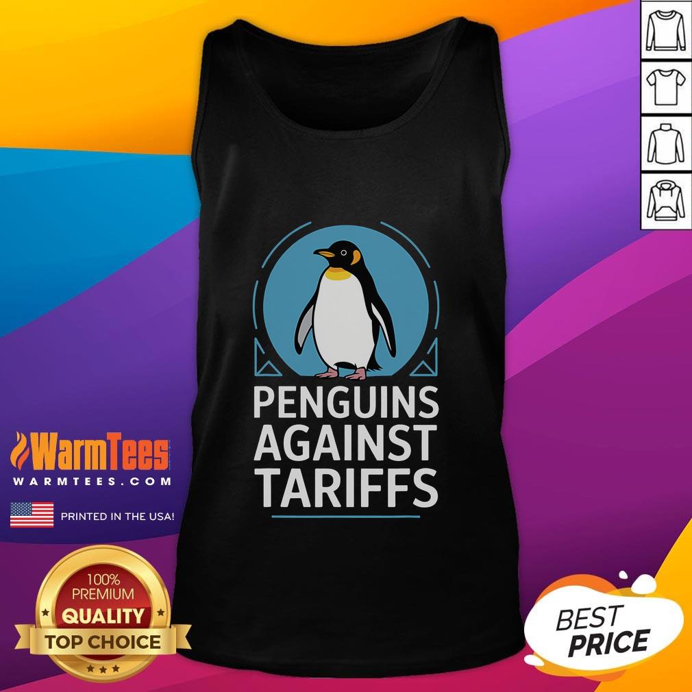 Funny penguins in protest against tariffs wearing tank tops, showcasing their humorous stance on anti-tariff issues.