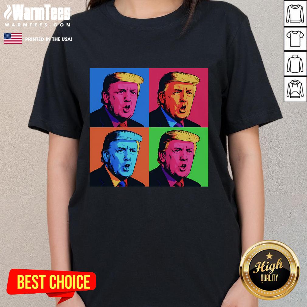 Funny Pop Art Donald Trump Retro Ladies Tee featuring vibrant colors and a humorous portrait of Trump in pop art style.